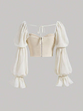 Sweetheart Neck Flounce Sleeve Crop Blouse